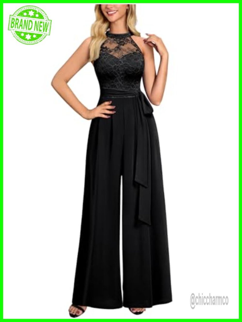 Miusol Women's Halter Neck Jumpsuit with Belt One Piece Sleeveless